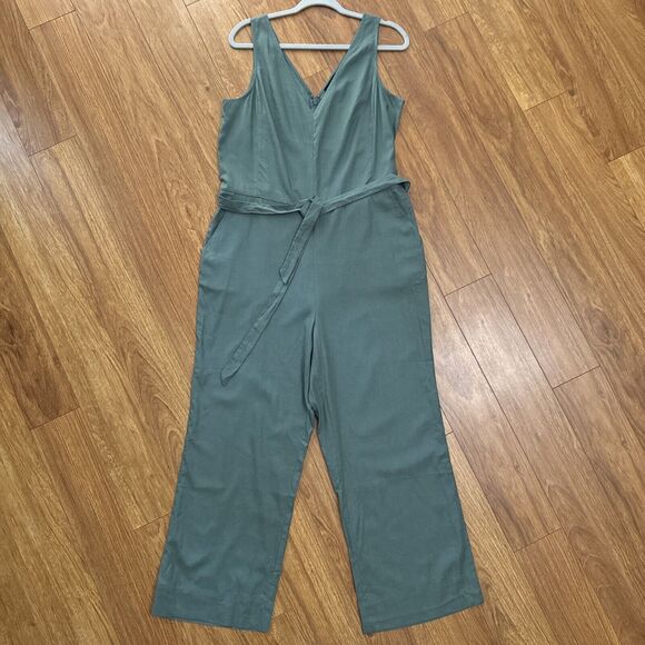 Universal Standard Jumpsuit Women 2XS 6-8 Green Linen V-Neck Belted Pockets Wide - Picture 2 of 16